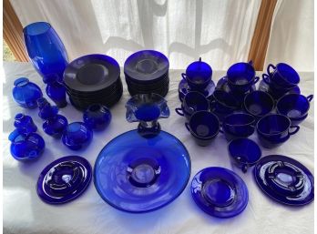 Vintage Cobalt Blue Glass Luncheon Set, Vases, Ash Trays
