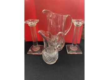 2 Glass Pitchers With Candlestick Holders H2
