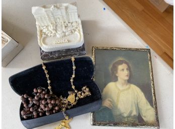 Rosary Beads, Religious Picture And Roma Souvenir