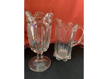 Heavy Glass Pitcher With Matching Pedestal Vase M1