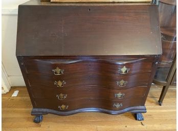 Antique Serpentine Secretary Desk With Drop Front, Claw Feet & Brass Hardware