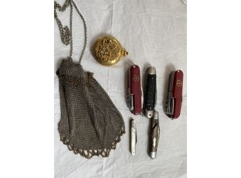 Antique Mesh Purse, Pocket Knives And Compact