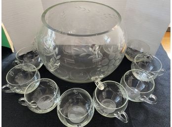 Footed Glass Punchbowl With Glasses