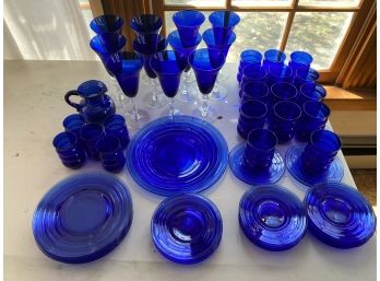Vtg  Cobalt Blue Glass Lot: Hazel Atlas Moderntone Plates, Beehive Glasses, Huntington Stems Etc. 44 PCS