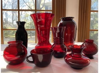 Vintage Anchor Hocking Red / Cranberry Glass Vases, Platter, Bowl ETC 8 PCS
