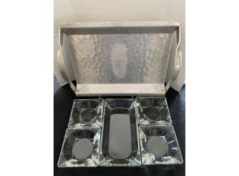 Hammered Aluminum Serving Tray With Glass Dip Dishes C2