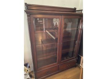 Victorian Bookcase With Fender Top, Glass Doors & 2 Drawers Under