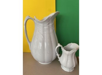 Large White Ironstone Pitcher With Small White Pitcher