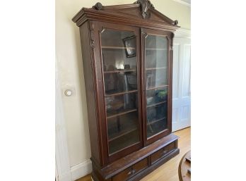 Large Victorian Walnut Bookcase With Carved Crest, Glass Doors, 5 Shelves And 2 Drawers - 2 Pcs