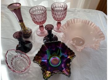 Vintage Fenton Pink Milk Glass, Purple Carnival Glass, Pink Depression Glass Lot 8 Pcs
