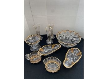 9 Pcs Pressed Glass Lot With Gold Flash