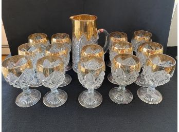 EAPG Molded Glass And Gold Flash Pitcher With Goblets 15pcs