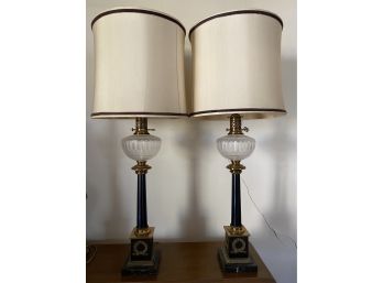 Pair Of Tall Marble, Brass & Glass Lamps With Single Bulbs