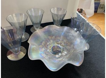 Northwood Three Fruits Medallion White Carnival Glass Bowl Plus 6 Irredescent Tall Glasses A3