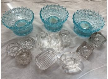 3 Light Blue King Son & Co Footed Berry Bowls & 10 Glass Salt Cups
