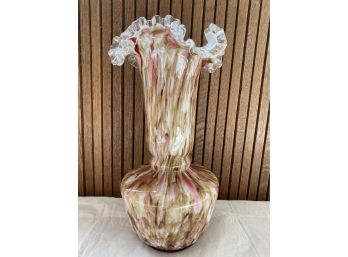 Vintage Brown & Pink Mottled Glass Vase With Flutter Edge
