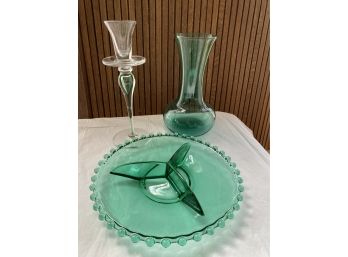 Mint Green Candlewick Glass 3 Part Dish, Green Art Vase, Tall Crystal Candle Holder