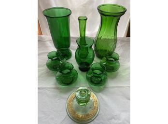 Emerald Green Central Works Tall Vase, Napco Vase, Anchor Hocking Crimped Bud Vases, Candle Holder, Etc 9 PCS