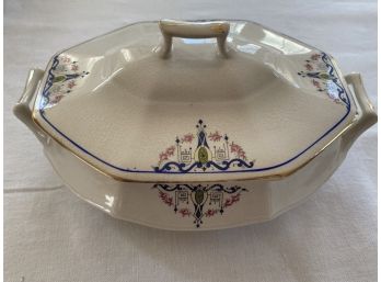 Cream Porcelain Covered Server With Pink & Blue Designs 10 Inches