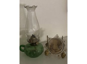 Small Green Glass Oil Lamp And Magnifying Star Shape Frame