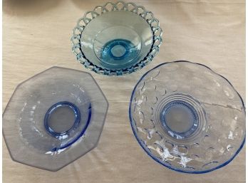 Trio Of Vintage Blue Glass Serving Bowls