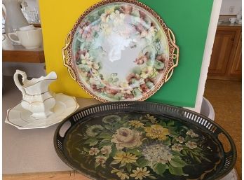 3 Decorative Items: Hand Painted Tole Tray, Porcelain Platter & Small Pitcher On Plate T2
