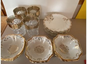 Cream & Gold Lot: Plates, Bowls & Glasses