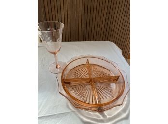 Pink Depression Glass 4 Part Relish Plate With Wine Glass