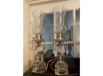 Pair Of Tall Antique Crystal And Glass Lamps