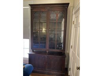 Tall Antique Wood Bookcase With Ornate Glass Doors And Cabinet Underneath 2 Pieces