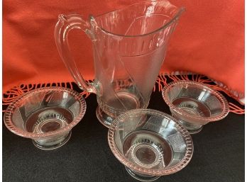 Glass Pitcher With 3 Matching Small Bowls V1