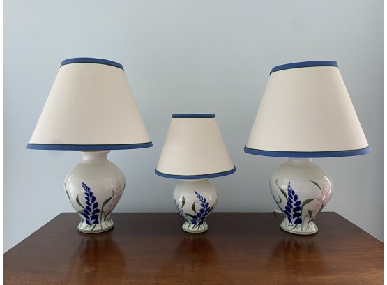 3 Matching Porcelain Lamps: 2 Tall, 1 Small