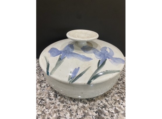 Pottery Covered Baking Dish With Purple Irises