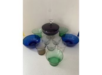 Purple Candy Dish With Colored Glasses And Bowls