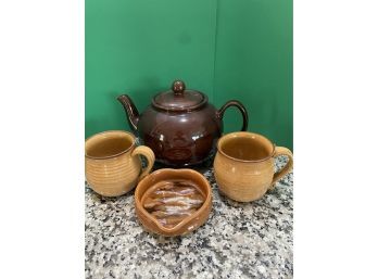 Brown Pottery Tea Pot, Mugs And Dish