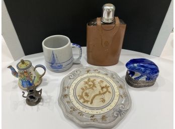 6 Piece Lot: Decorative Plate, Enamel Frog Box, Flask, Etc
