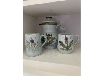 Thistle Ware Covered Pot With 2 Mugs