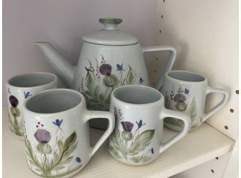 Thistle Ware Tea Pot & 4 Mugs