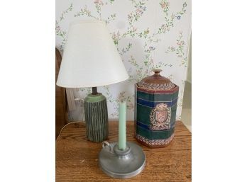 Small Green Lamp, Canister And Candle Holder