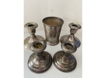 2 Pairs Of Weighted Sterling Silver Candle Holder And Silver Plate Trophy Cup