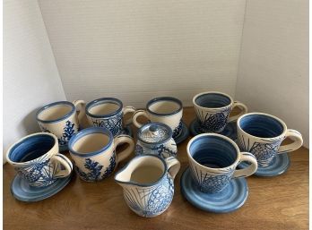 Dorchester Pottery / Stoneware: Mugs 8 Mugs, 7 Saucers, Creamer & Covered Sugar Bowl