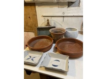 Assorted Pots Including Blue And White Squares