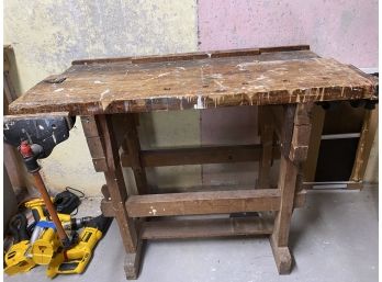 Antique Work Table W/ Two Vice Grips