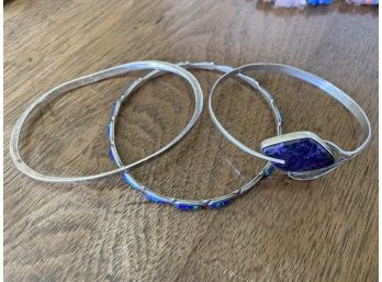 3 Sterling Silver Bangles, 2 With Lapis Lazuli