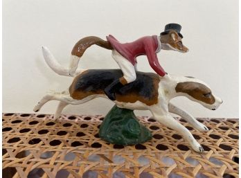 Lead Fox Riding Dog Figurine