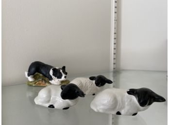 Three Sheep And Dog Figurines
