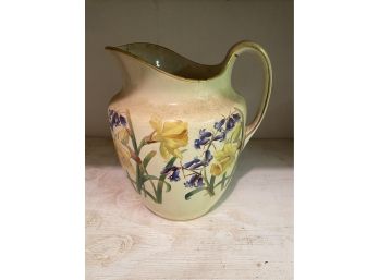 Large Old Pitcher With Purple And Yellow Flowers