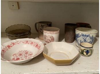 Various Bowls And Pots Including Red And White Bowl