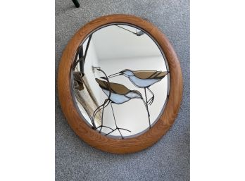 Oval Oak Mirror With Stain Glass Birds