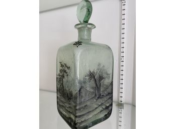 Green Vintage Glass Decanter With Landscape